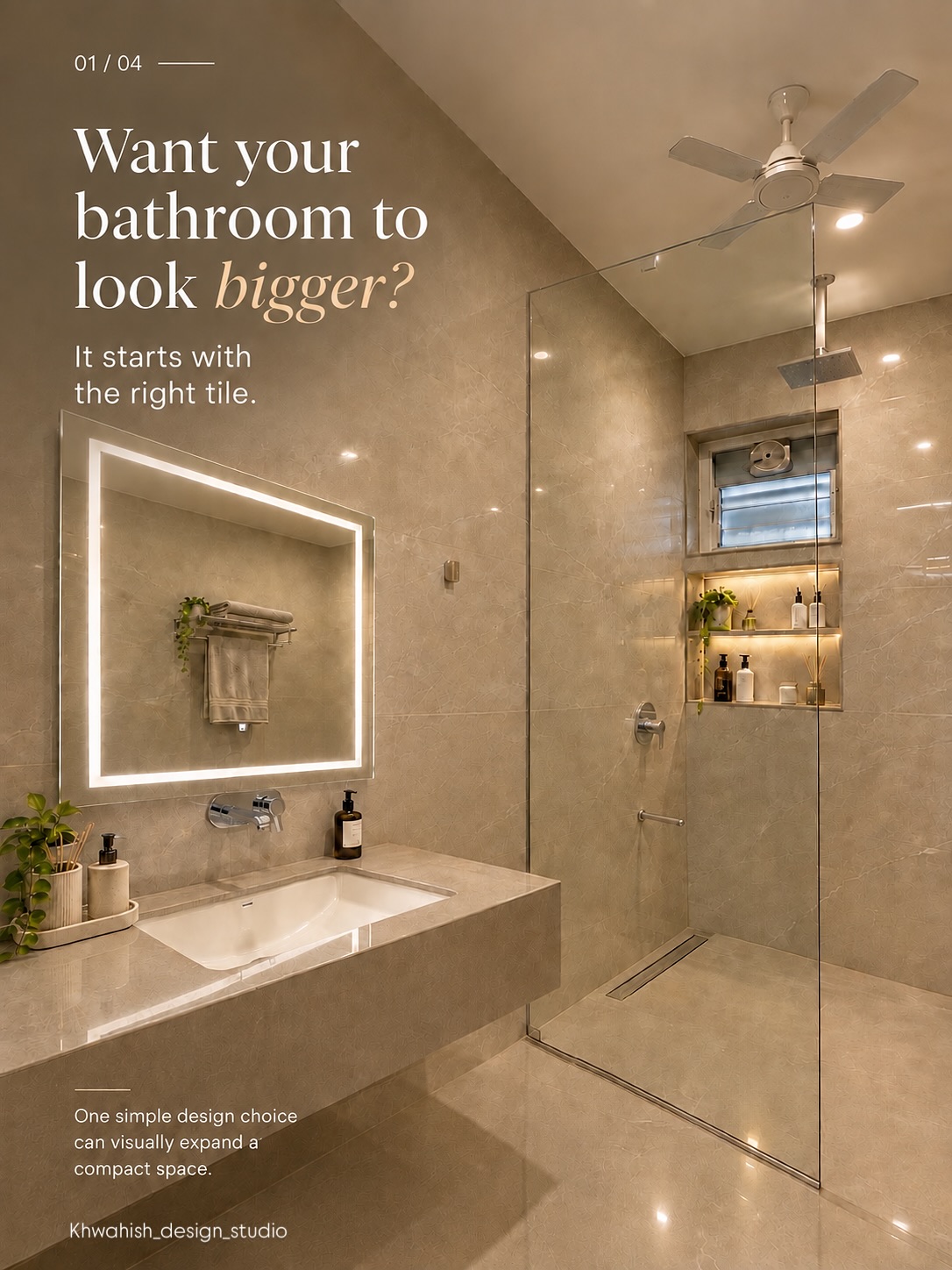 Luxury bathroom in large-format beige tile