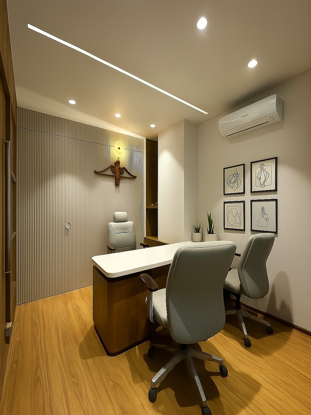 Warm luxury office interior with rich wood tones